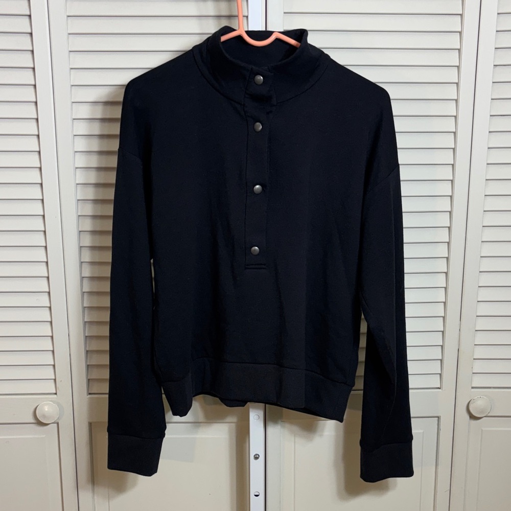 NWT Eileen Fisher Sample Black Snap-Front Mock Neck Zip-Up Fleeced Top Small